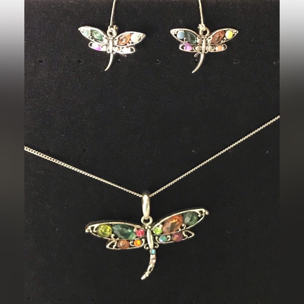 Silver-Tone Multicolored Glass Stone Dragon Fly Dangle Earrings and Pendant